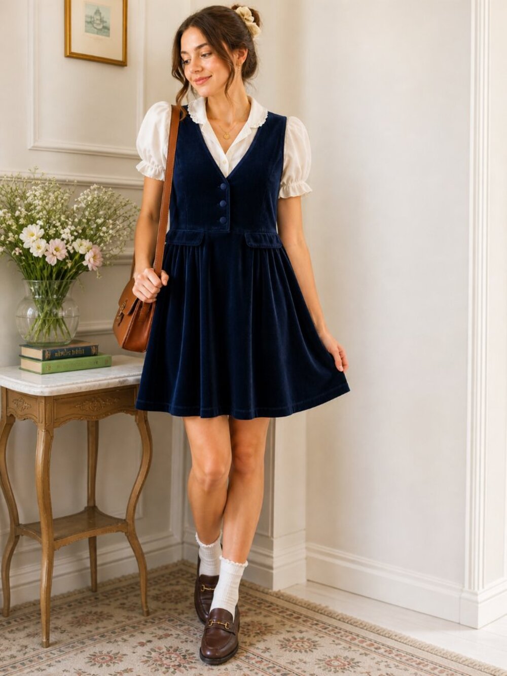 Vintage 90s Navy Velour Jumper Dress Academia Preppy Mini Dress M